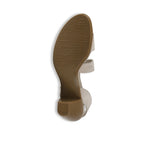 Lucia dress sandal with a single-band vamp strap and an asymmetrical hook & loop instep strap in stone leather-bottom view