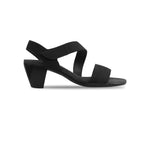 Lucia dress sandal with a single-band vamp strap and an asymmetrical hook & loop instep strap in black leather-side view