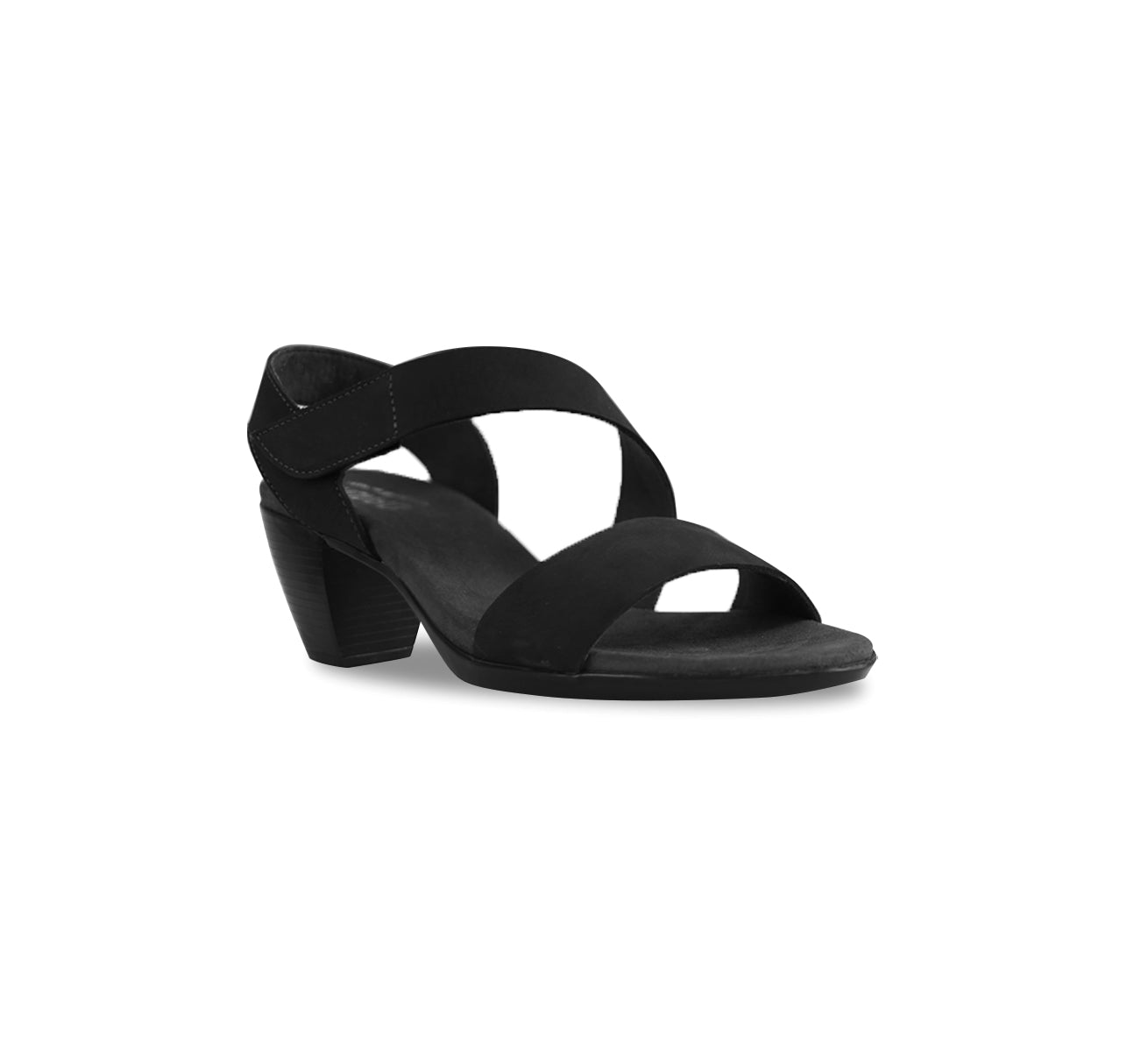 Lucia dress sandal with a single-band vamp strap and an asymmetrical hook & loop instep strap in black leather-angle view