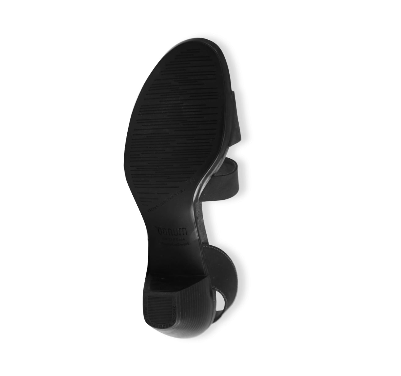 Lucia dress sandal with a single-band vamp strap and an asymmetrical hook & loop instep strap in black leather-bottom view