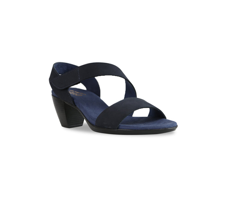 Lucia dress sandal with a single-band vamp strap and an asymmetrical hook & loop instep strap in navy leather-angle view