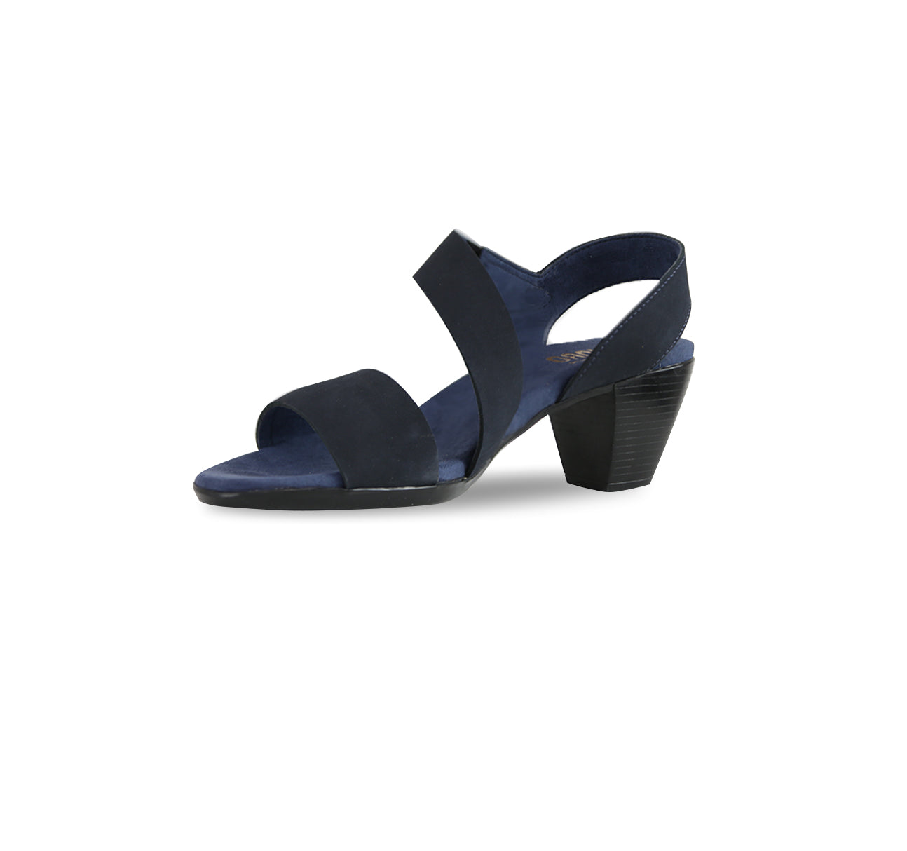 Lucia dress sandal with a single-band vamp strap and an asymmetrical hook & loop instep strap in navy leather-inside view