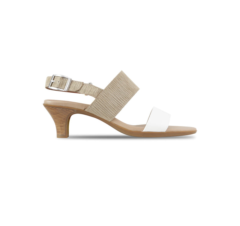 Livia double strap dress sandal in light tan printed suede and white leather with a hook & loop back strap-side view