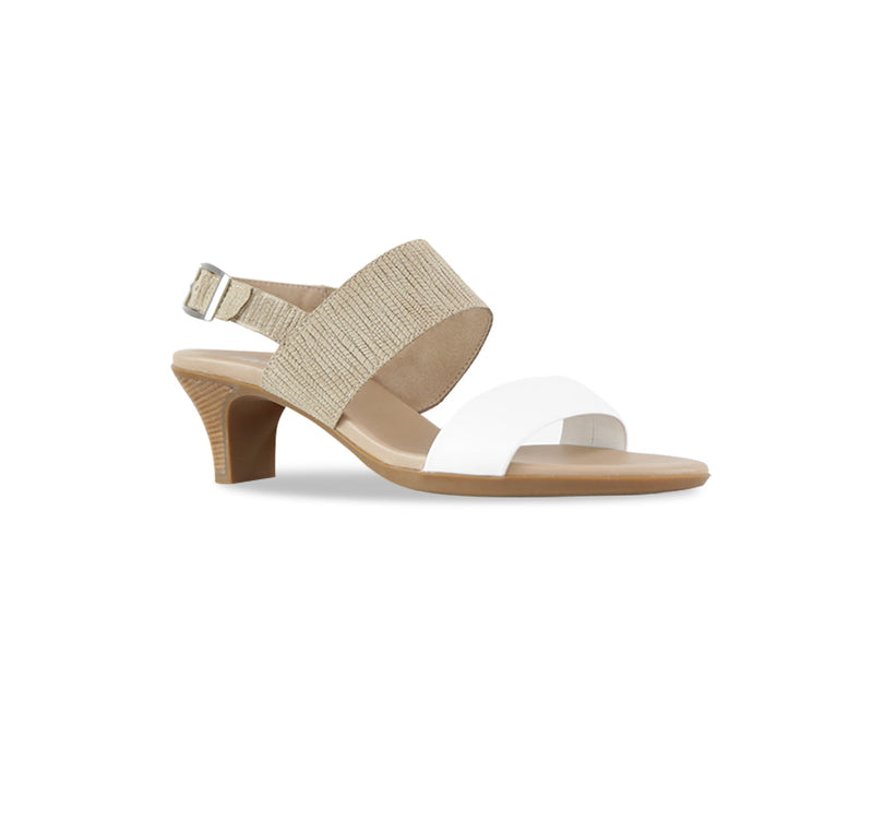 Livia double strap dress sandal in light tan printed suede and white leather with a hook & loop back strap-angle view