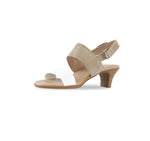 Livia double strap dress sandal in light tan printed suede and white leather with a hook & loop back strap-inside view