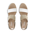 Livia double strap dress sandal in light tan printed suede and white leather with a hook & loop back strap-top view