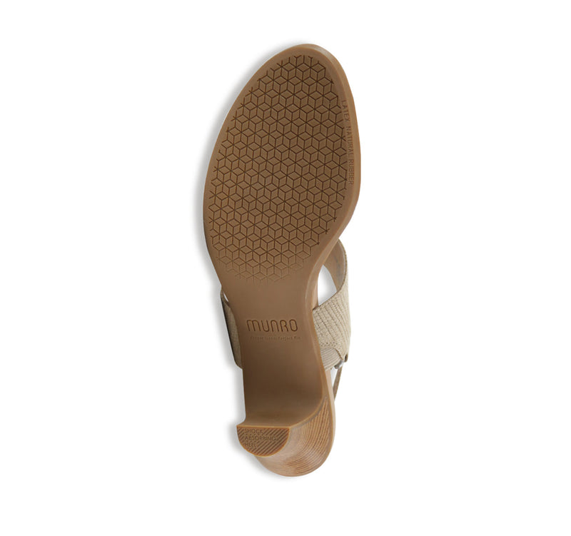 Livia double strap dress sandal in light tan printed suede and white leather with a hook & loop back strap-bottom view