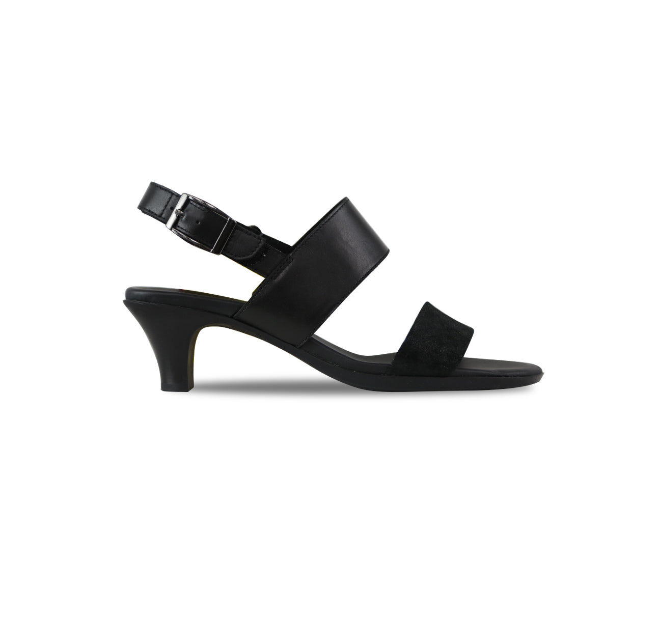 Livia double strap dress sandal in black leather and black printed suede with a hook & loop back strap-side view