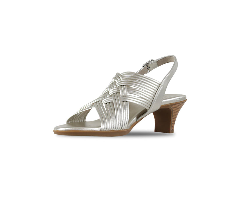 Marianna kitten heel, dress sandal with petite tubular metallic leather straps-inside view