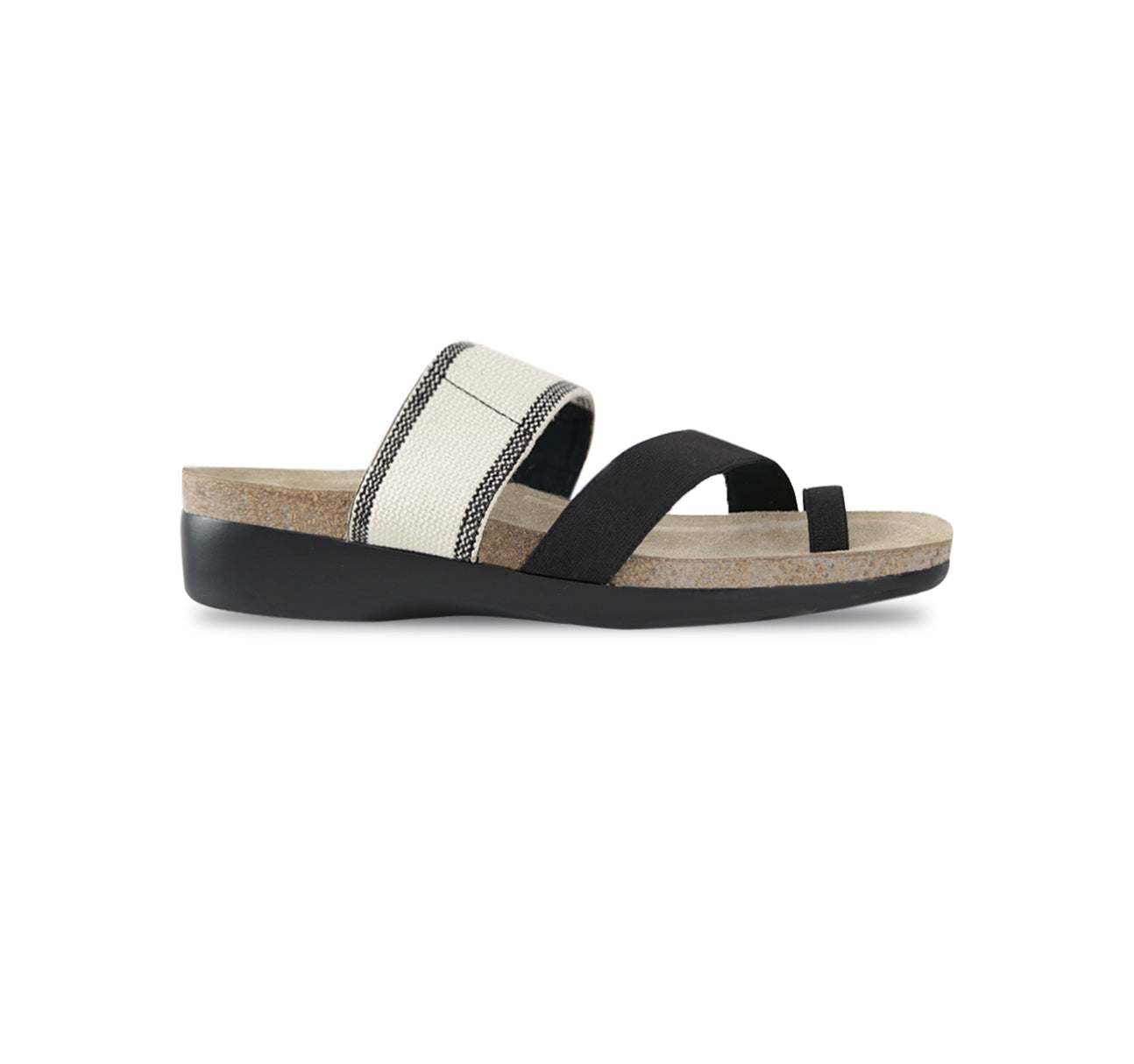 ARIES TOE-RING FOOTBED SANDAL IN BLACK & CREAM FABRIC - SIDE VIEW