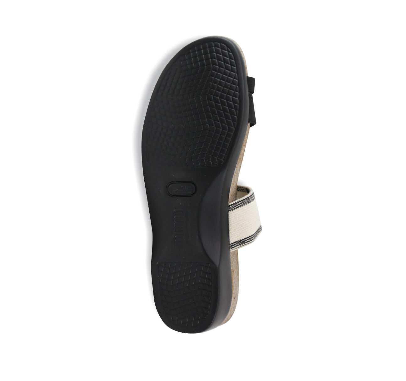 ARIES TOE-RING FOOTBED SANDAL IN BLACK & CREAM FABRIC - BOTTOM VIEW