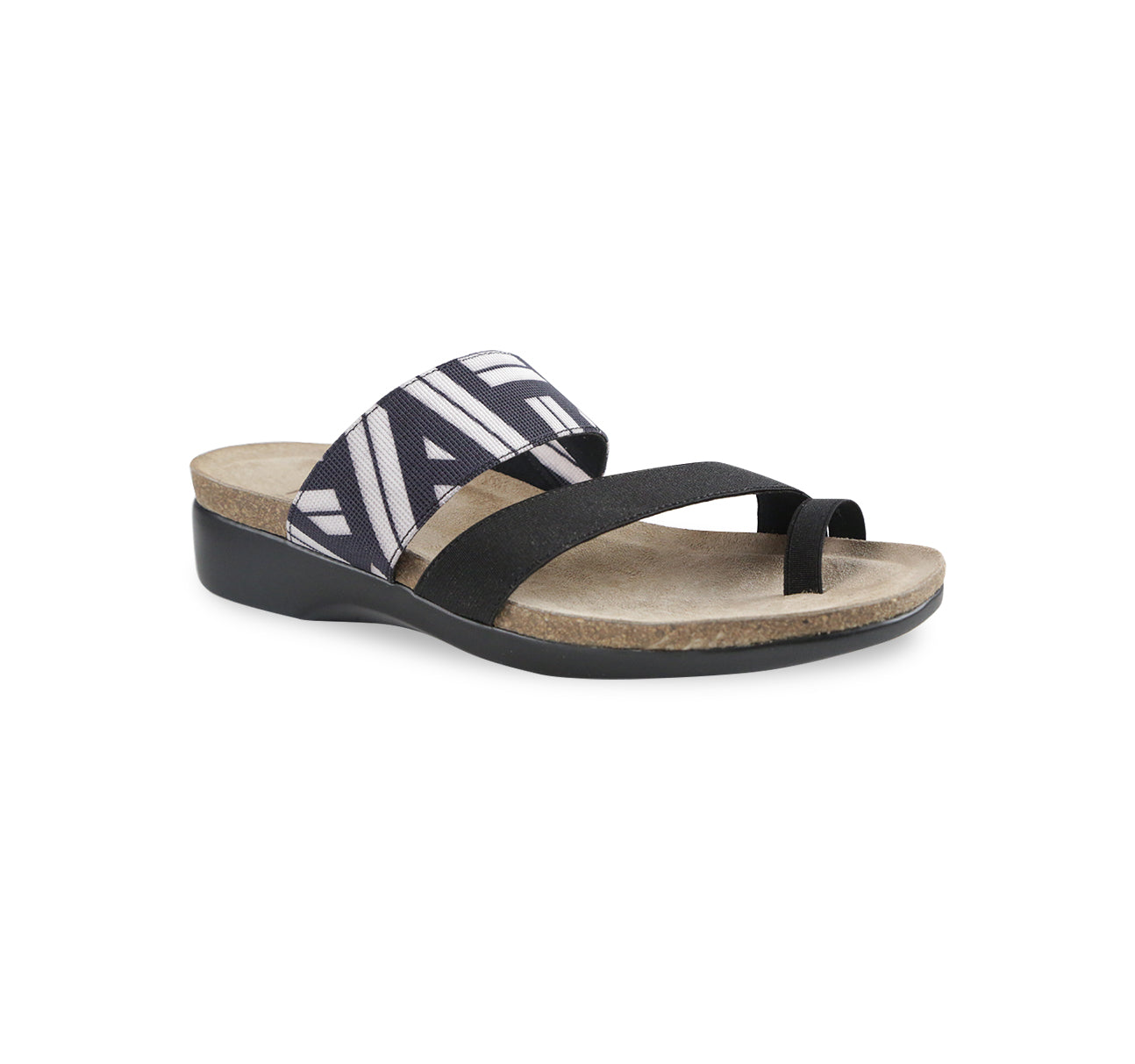 ARIES TOE-RING FOOTBED SANDAL IN BLACK & WHITE GEOMETRIC PATTERN - ANGLE VIEW