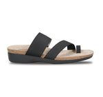 Aries toe-ring footbed slide sandal with asymmetrical vamp strap and wide band instep strap in black stretch fabric-side view