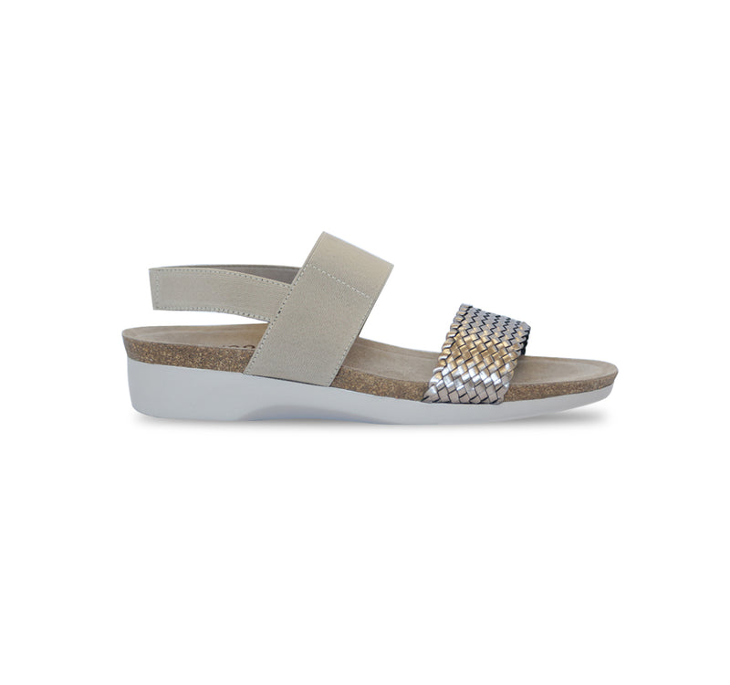 PISCES FOOTBED SANDAL WITH SILVER WOVEN LEATHER & STRETCH FABRIC STRAP - SIDE VIEW