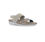 PISCES FOOTBED SANDAL WITH SILVER WOVEN LEATHER & STRETCH FABRIC STRAP - ANGLE VIEW