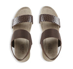 PISCES FOOTBED SANDAL WITH BROWN WOVEN LEATHER & STRETCH FABRIC STRAPS - top view