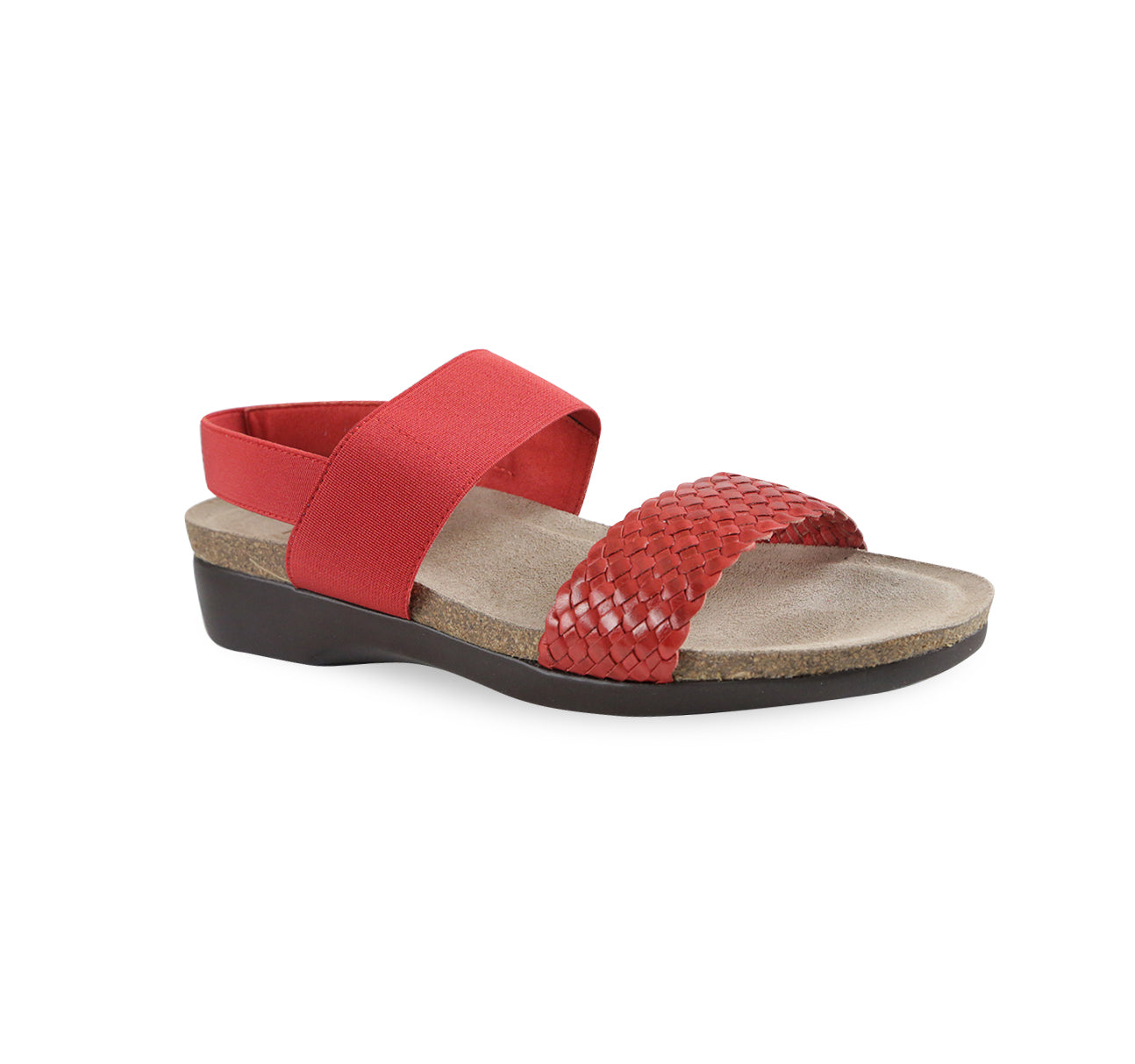 PISCES FOOTBED SANDAL WITH RED WOVEN LEATHER AND STRETCH FABRIC STRAP - angle view