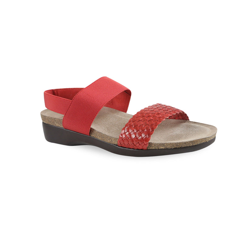 PISCES FOOTBED SANDAL WITH RED WOVEN LEATHER AND STRETCH FABRIC STRAP - angle view