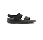 Pisces double-strap footbed sandal with black stretch fabric instep and ankle strap and graphite color suede vamp strap-side view