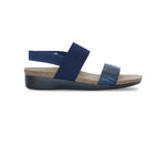 PISCES FOOTBED SANDAL WITH BLUE WOVEN LEATHER & STRETCH FABRIC STRAP - SIDE VIEW