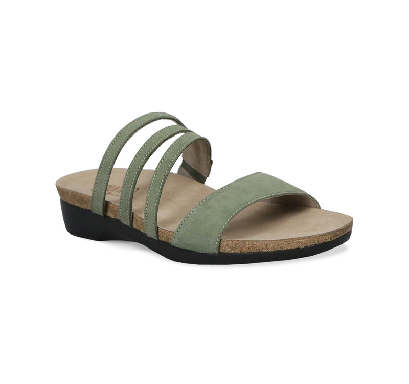 CAMILA STRAPPY FOOTBED SANDAL IN OLIVE GREEN NUBUCK-ANGLE VIEW