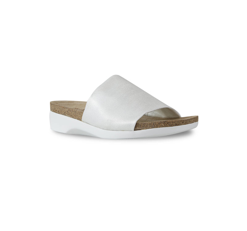 Casita single strap footbed slide sandal on low-wedge outsole in silvery metallic color stretch fabric-angle view