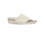 Casita single strap footbed slide sandal on low-wedge outsole in bone stretch fabric-angle view