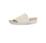 Casita single strap footbed slide sandal on low-wedge outsole in bone stretch fabric-inside view