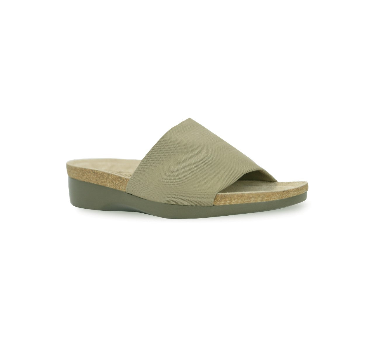 Casita single strap footbed slide sandal on low-wedge outsole in khaki stretch fabric-angle view