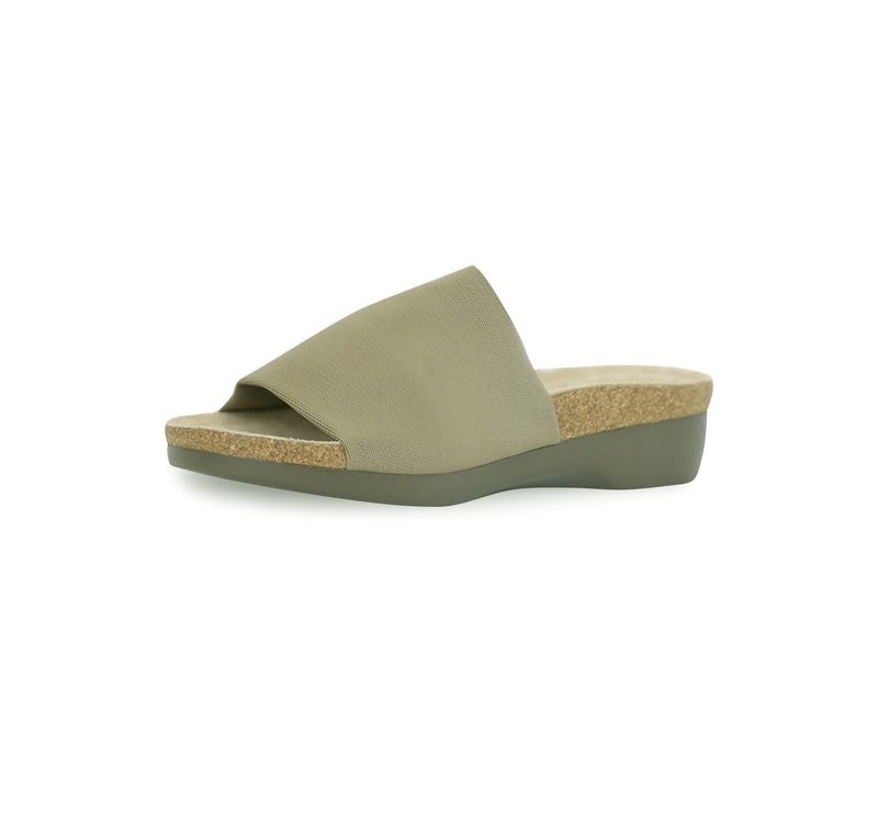 Casita single strap footbed slide sandal on low-wedge outsole in khaki stretch fabric-inside view