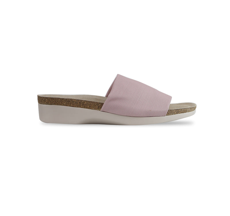 Casita single strap footbed slide sandal on low-wedge outsole in dusty pink stretch fabric-side view