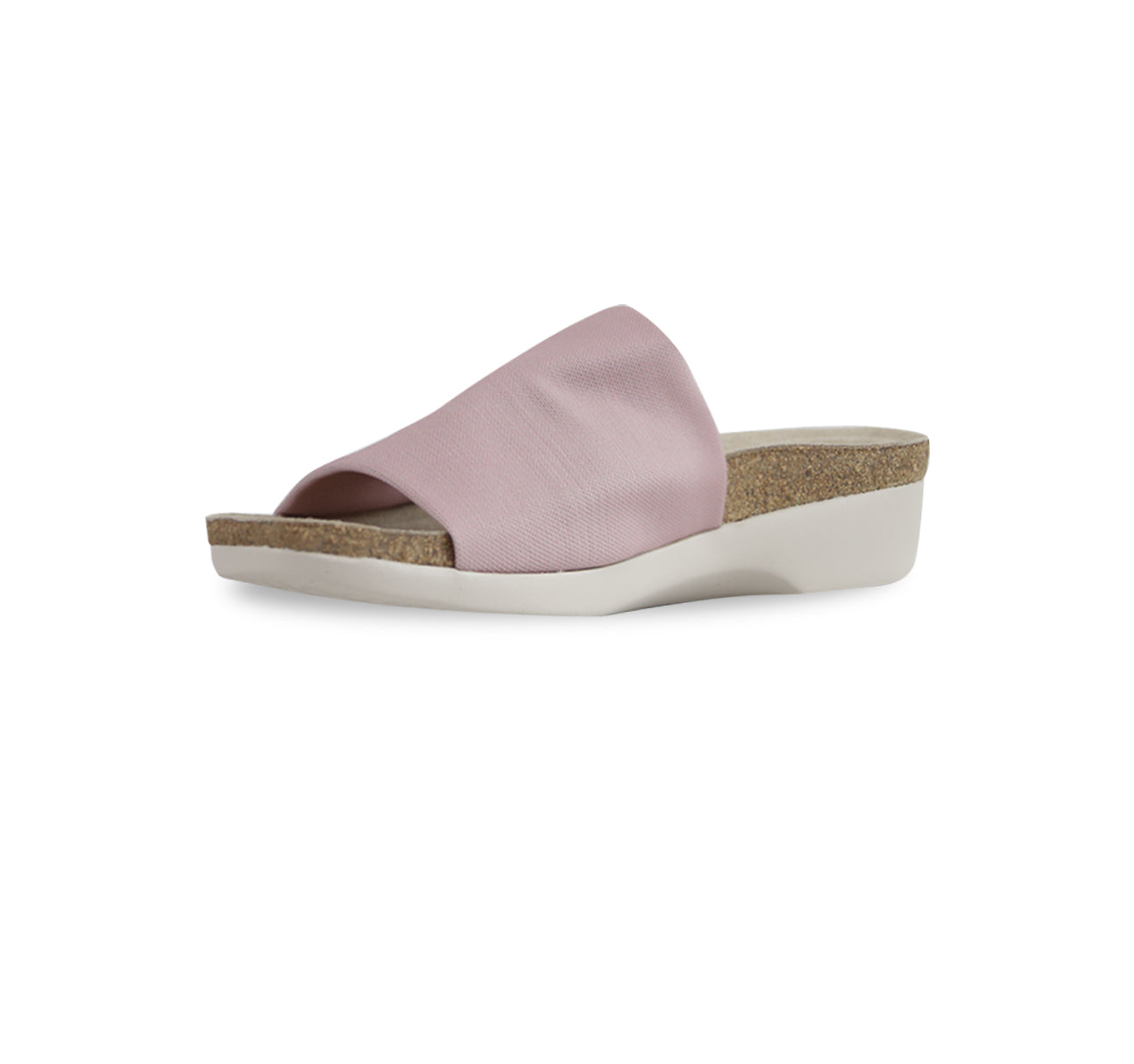 Casita single strap footbed slide sandal on low-wedge outsole in dusty pink stretch fabric-inside view