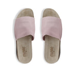 Casita single strap footbed slide sandal on low-wedge outsole in dusty pink stretch fabric-top view