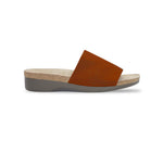 CASITA IS A SINGLE STRAP WEDGE SANDAL IN BRICK RED STRETCH FABRIC - SIDE VIEW