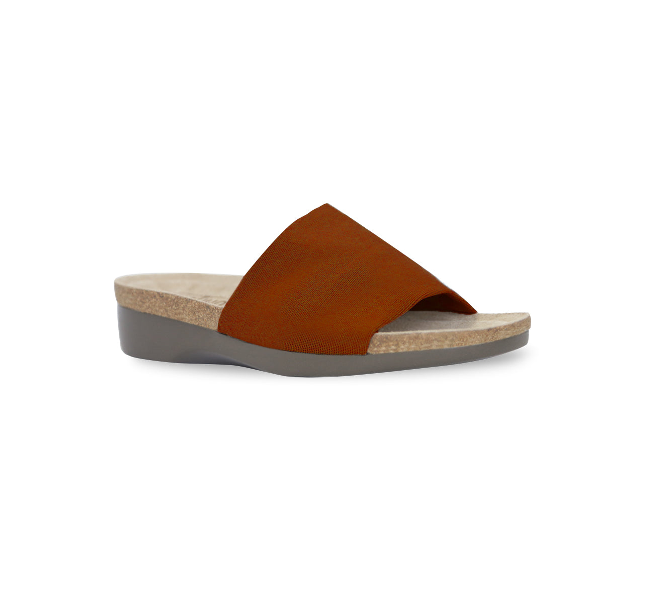 CASITA IS A SINGLE STRAP WEDGE SANDAL IN BRICK RED STRETCH FABRIC - ANGLE VIEW