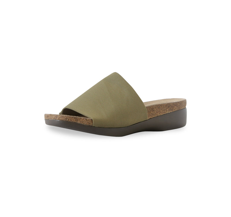 Casita single strap footbed slide sandal on low-wedge outsole in olive stretch fabric-inside view