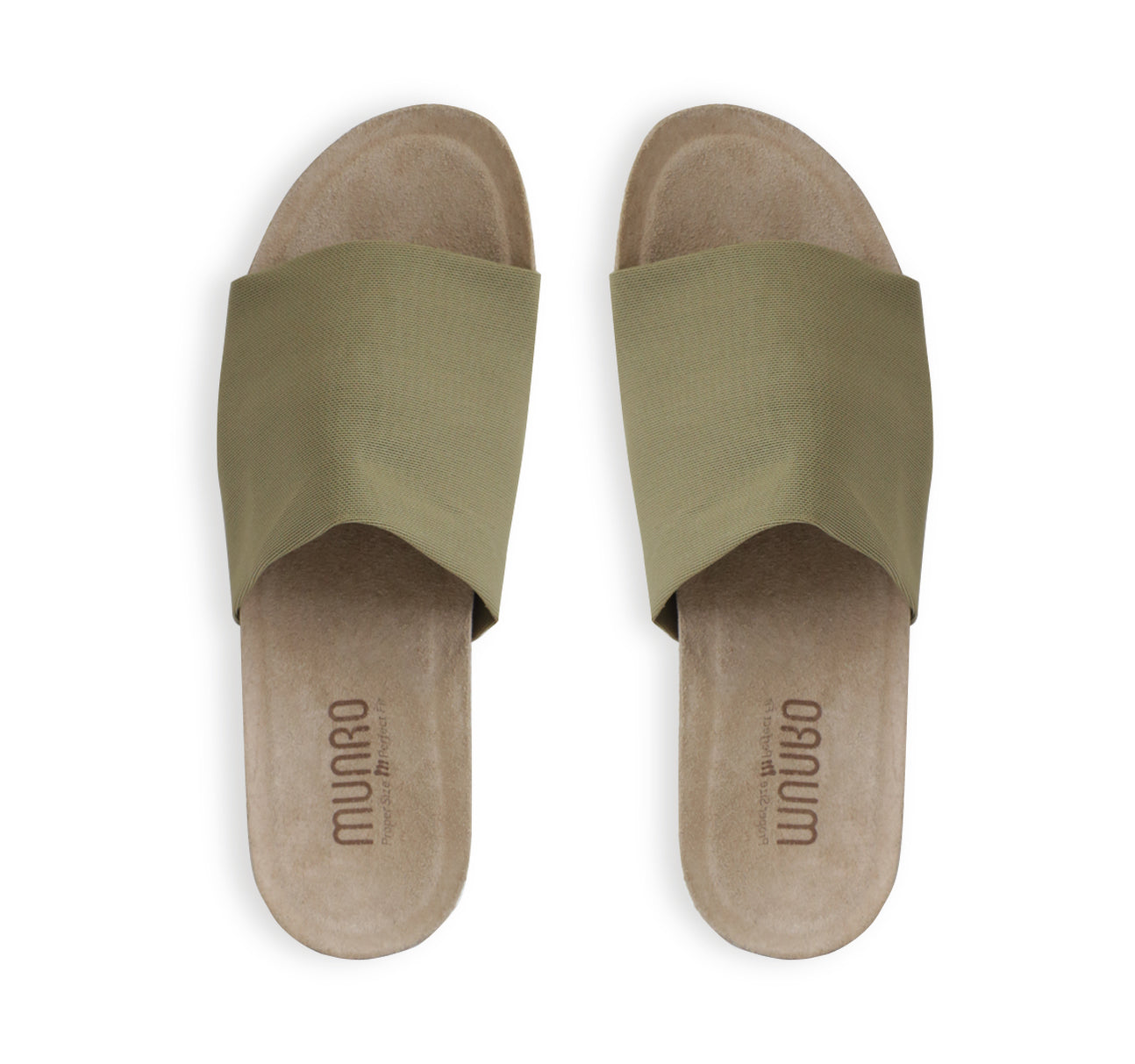 Casita single strap footbed slide sandal on low-wedge outsole in olive stretch fabric-top view