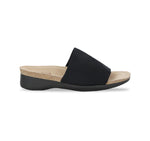 Casita single strap footbed slide sandal on low-wedge outsole in black stretch fabric-angle view