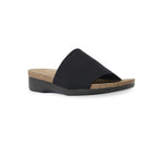 Casita single strap footbed slide sandal on low-wedge outsole in black stretch fabric-angle view