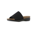 Casita single strap footbed slide sandal on low-wedge outsole in black stretch fabric-inside view