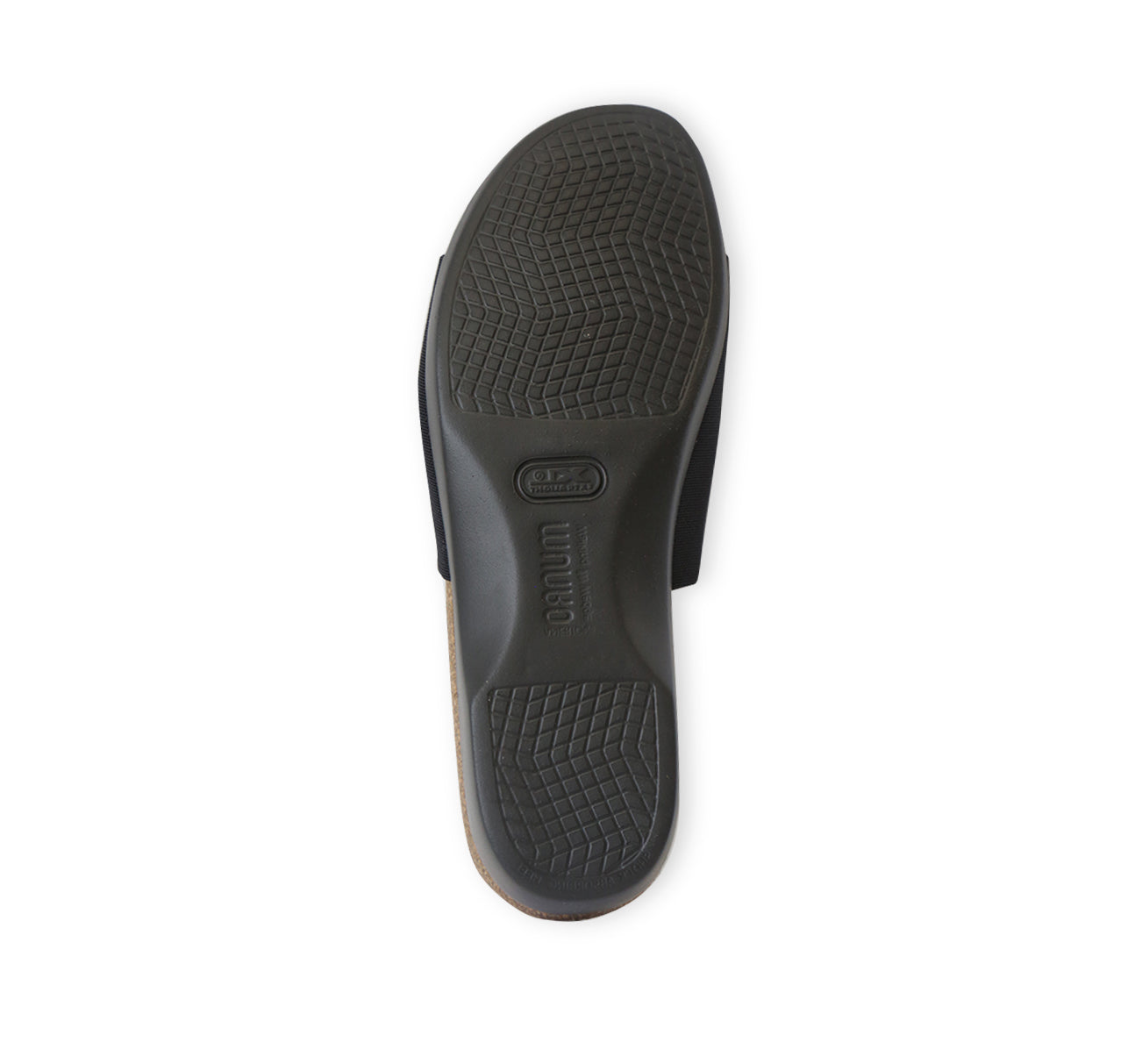 Casita single strap footbed slide sandal on low-wedge outsole in black stretch fabric-bottom view