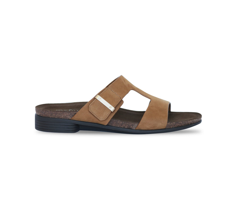 JODY, DOUBLE-STRAP SADDLE NUBUCK FOOTBED SLIDE WITH HOOK & LOOP ADJUSTMENT - SIDE VIEW