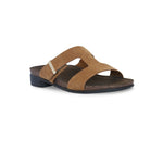 JODY, DOUBLE-STRAP SADDLE NUBUCK FOOTBED SLIDE WITH HOOK & LOOP ADJUSTMENT - ANGLE VIEW