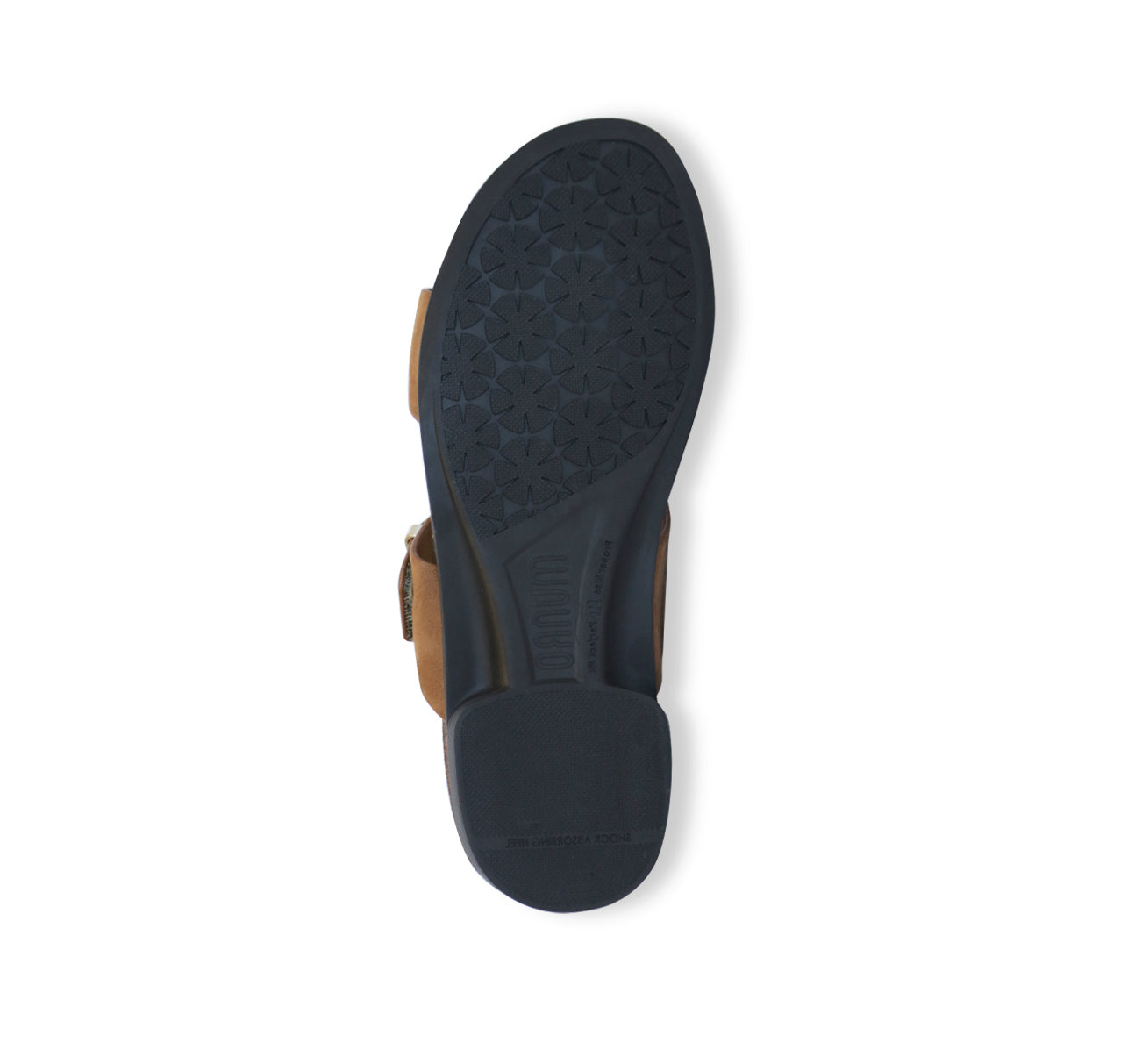 JODY, DOUBLE-STRAP SADDLE NUBUCK FOOTBED SLIDE WITH HOOK & LOOP ADJUSTMENT - BOTTOM VIEW