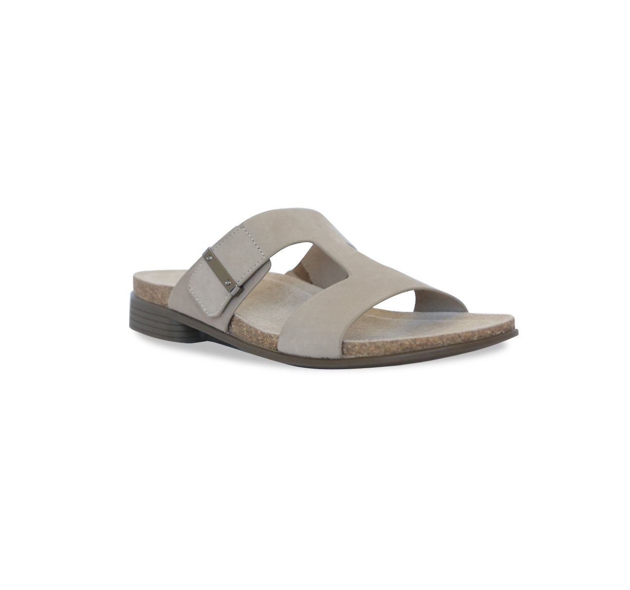 JODY, DOUBLE-STRAP TAN NUBUCK FOOTBED SLIDE WITH HOOK & LOOP ADJUSTMENT - ANGLE VIEW