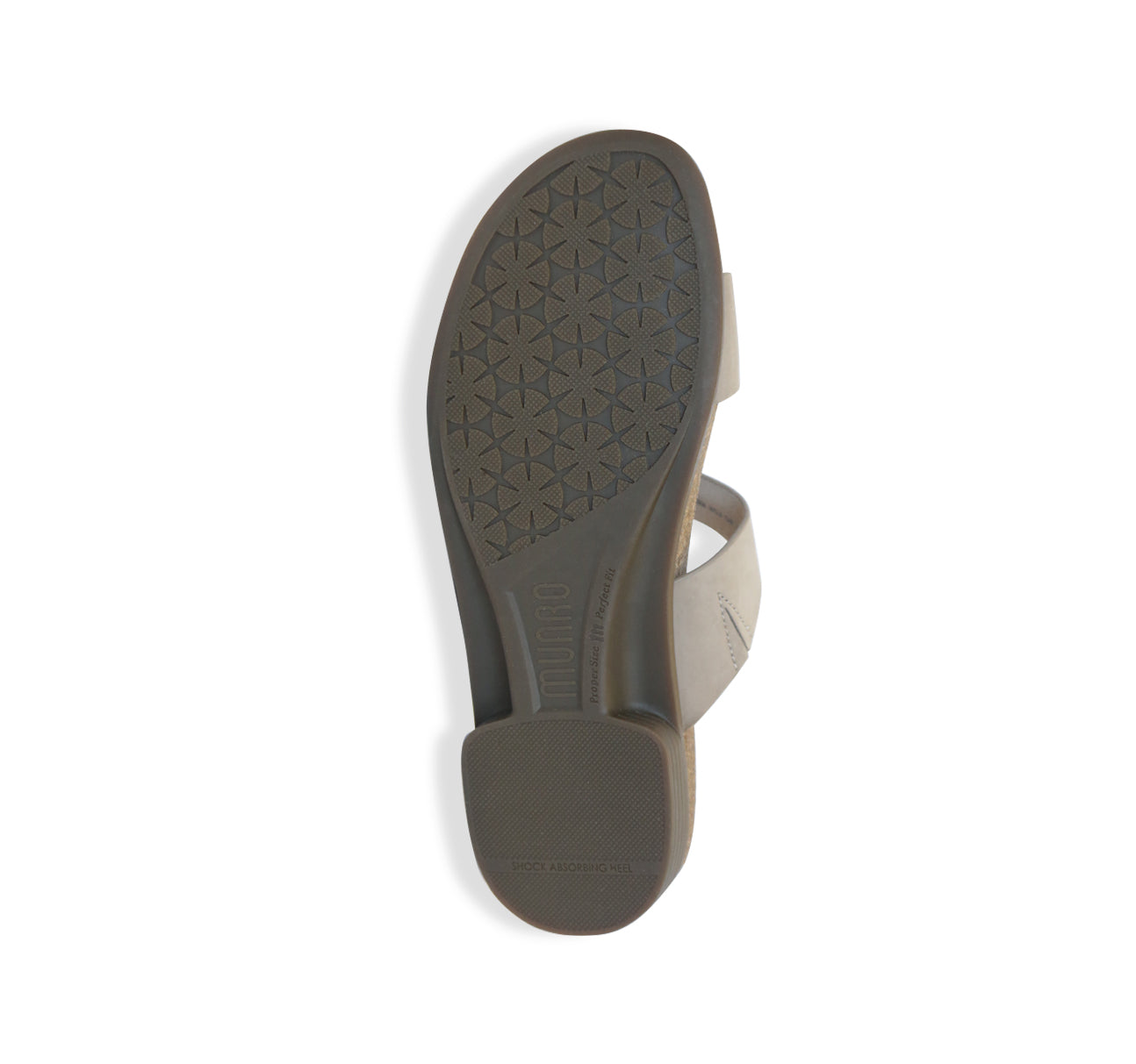 JODY, DOUBLE-STRAP TAN NUBUCK FOOTBED SLIDE WITH HOOK & LOOP ADJUSTMENT - BOTTOM VIEW