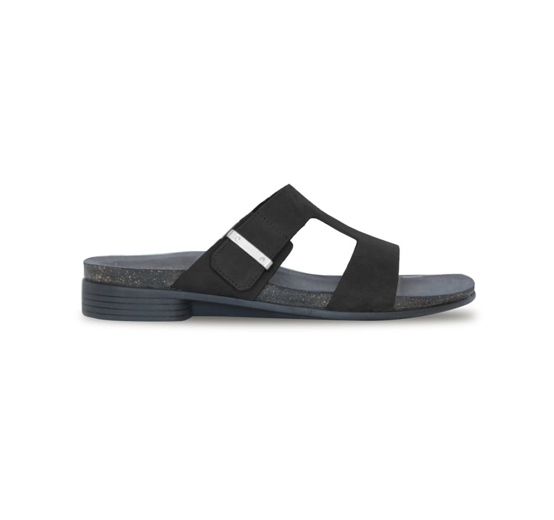 JODY DOUBLE-STRAP BLACK NUBUCK FOOTBED SLIDE SANDAL WITH ADJUSTMENT - SIDE VIEW