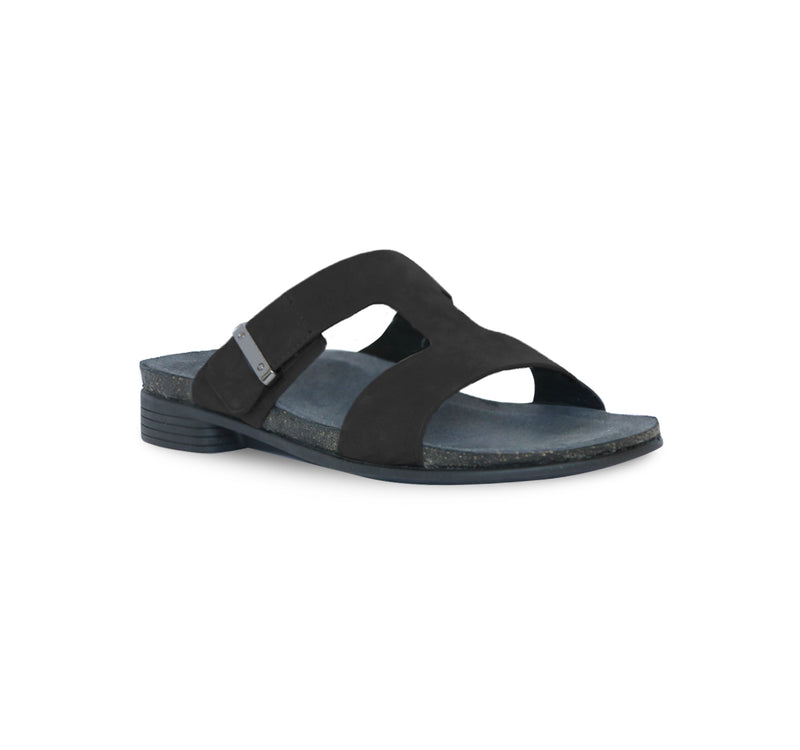 JODY DOUBLE-STRAP BLACK NUBUCK FOOTBED SLIDE SANDAL WITH ADJUSTMENT - ANGLE VIEW