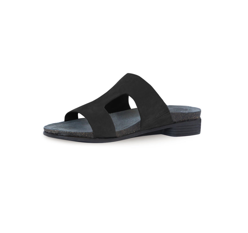 JODY DOUBLE-STRAP BLACK NUBUCK FOOTBED SLIDE SANDAL WITH ADJUSTMENT INSIDE VIEW