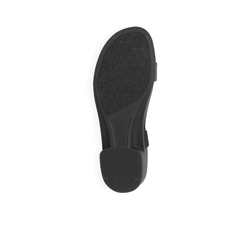 JODY DOUBLE-STRAP BLACK NUBUCK FOOTBED SLIDE SANDAL WITH ADJUSTMENT - BOTTOM VIEW